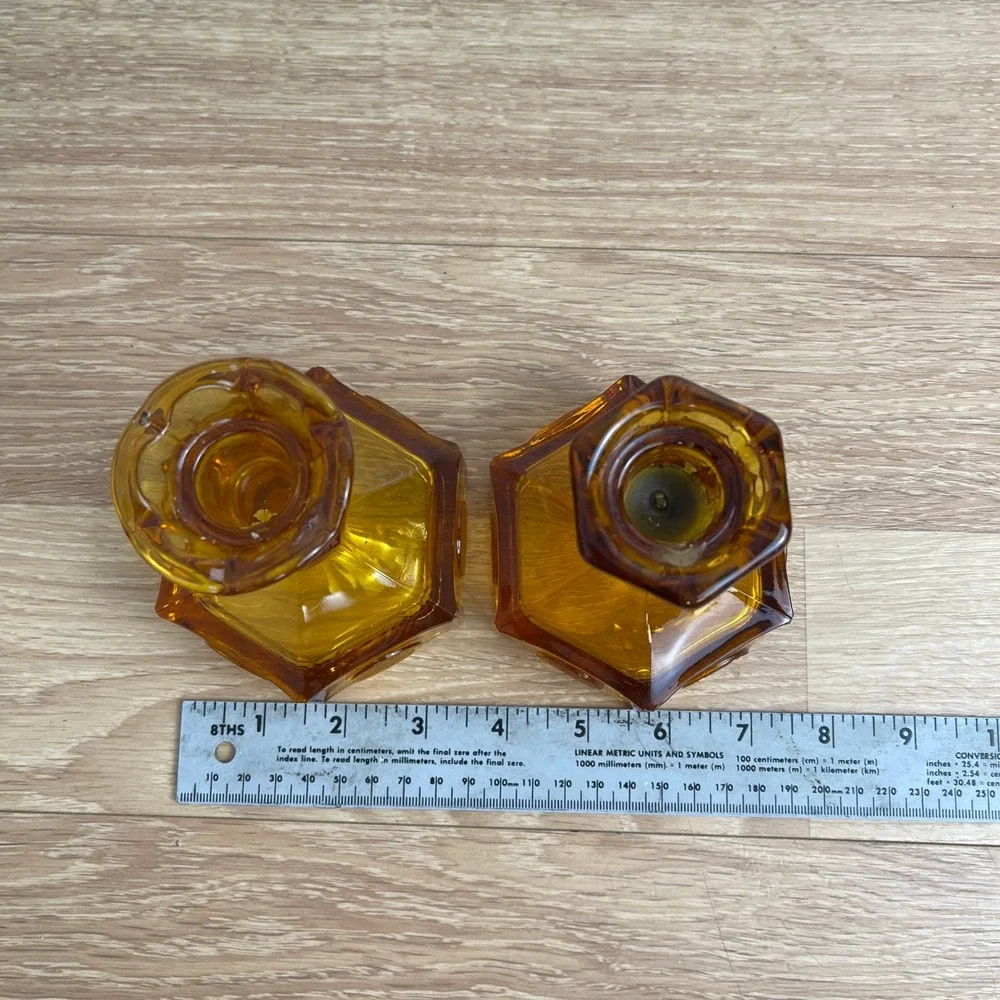 Vintage Amber Glass Coin Medallion Candlestick Holders Liberty Bell Set of 2